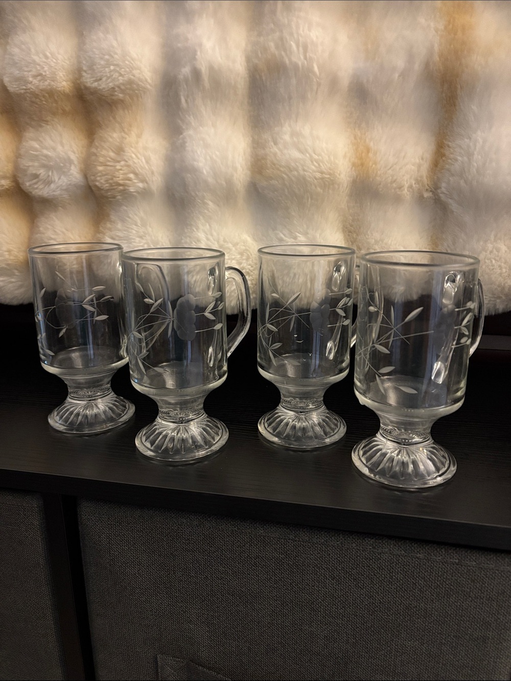 Vintage Princess House Clear Etched Glass Pedestal Mugs with Floral Motif